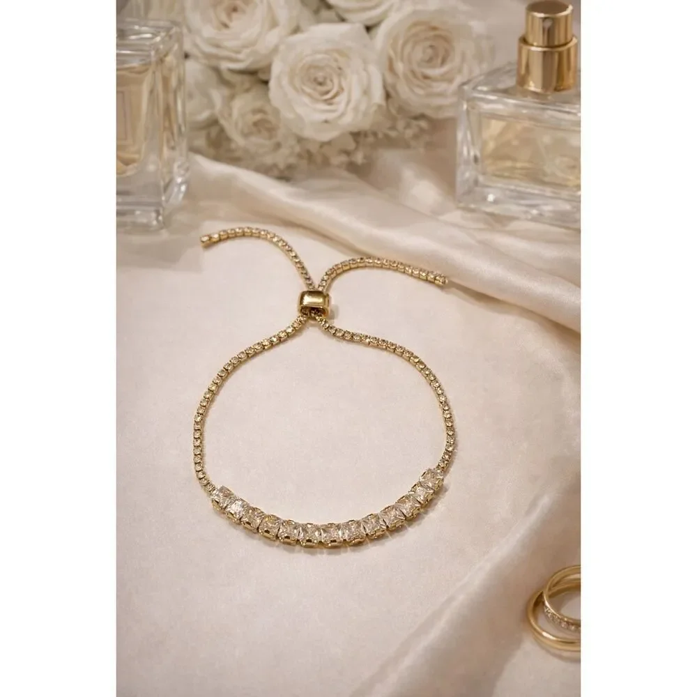 18K Gold Filled Crystal Tennis Bracelet Adjustable Slider Bolo Baguette Sparklin